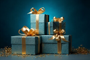 A collection of wrapped gifts on a blue background with gold decorations. Generative AI