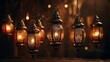 Vintage gold arabic lanterns with glowing candles. realistic set of hanging luminous lamps with golden arabian ornament.
