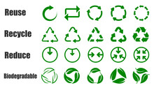 Reduce Reuse Recycle And Biodegradable Set Icons For Environmental Concept Of Ecological Waste Management, Sustainable And Economical Lifestyle Signs Collection - Stock Vector