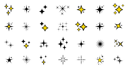 Fototapete - Stars set icons logo, social media stories icon, different sparkle gold star shapes icon collection, shine yellow stars sparkles signs – vector