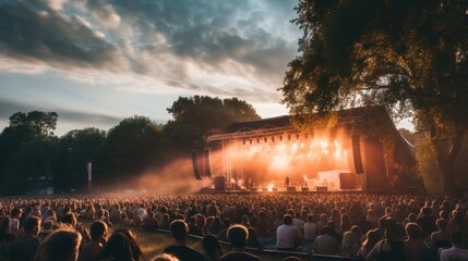 Back view of unrecognizable audience sitting and looking away while attending smoky live concert of music festival, with illuminated lights stage and performing musicians in evening daylight 