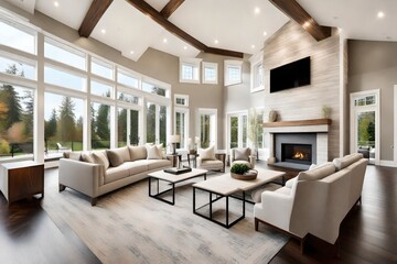 living room interior with hardwood floors and fireplace in new luxury home