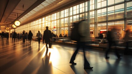 Blurred background of people in motion at a modern airport