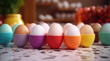 Hard Boiled Eggs In Colorful Egg Cups