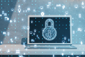 Wall Mural - Close up of desktop with laptop and creative digital padlock hologram and pixel icons on blurry blue background. Secure, safety and technology concept. 3D Rendering.