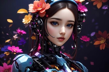 Wall Mural - Female cyborgs, ultra realistic, female humanoid robot, Beautiful robotic woman, with colorful flower, dark background,