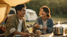 Asian Couple Camping Cheerful In The Morning