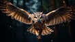 owl with spread wings flying in the night