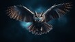 owl with spread wings flying in the night