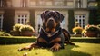 rottweiler at a wealthy garden protecting the house