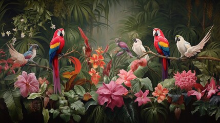 Canvas Print -  a painting of birds perched on a branch in a tropical setting.  generative ai