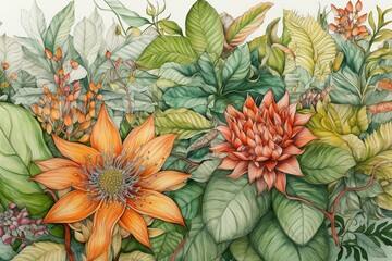  Hand-drawn illustration of vibrant flora and foliage using colored pencils. Generative AI