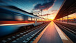 © ckybe - A railroad with train in motion during a stunning sunset, casting a warm glow over the landscape..