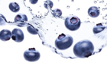 Wall Mural - Ripe, fresh blueberries splashing in clear water. Close-up of delicious, healthy berries. Perfect for snack, dessert, or smoothie.