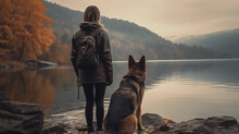 Cinematic Image Of A Hiker Girl With German Shepherd Dog In The Beautiful Nature Landscape With Rocks, Mountains, Autumn Trees And Lake. Long Shot Of A Beautiful Scene In Autumn.