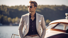 A Youthful And Dapper Gentleman, Dressed In A Timeless Suit, Buttons His Jacket With A Luxurious Yacht In The Background, Set Against The Backdrop Of A Blurred Lake..