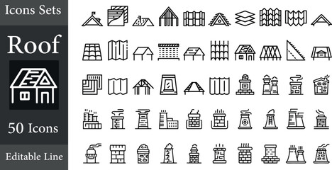 Roof icons set. Construction and roofing repair of the roof of the house. Property and characteristics of different types of roofs. Layers of materials, tools, linear icon. Line with editable stroke