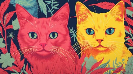 Canvas Print -  a painting of two cats with blue eyes and green leaves.  generative ai