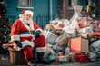 Christmas Capitalism's Cleanup Call. Santa Claus Takes Action Against the Pollution of Excessive Gifts, Signaling a Shift Towards Environmental Responsibility. Eco-Aware Santa.

