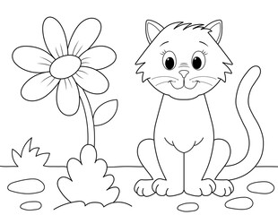 Sticker - easy coloring page of a cute cat and a big flower. you can print it on standard 8.5x11 inch paper