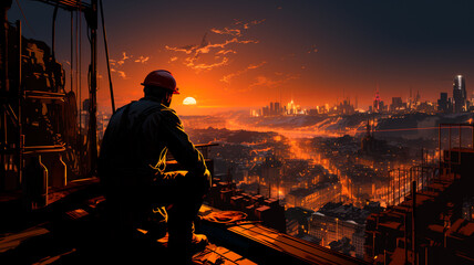 Canvas Print - a man in a black suit with a mask on the background of the city with a lot of buildings.