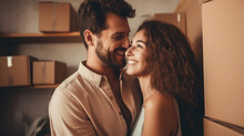 A Happy Couple Embracing Real Estate, Real Estate Investment Or Buying An Apartment. An Excited Man With A Smile Or A Woman Celebrating Moving Into An Apartment Together