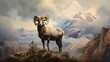  a painting of a ram standing on top of a mountain.  generative ai
