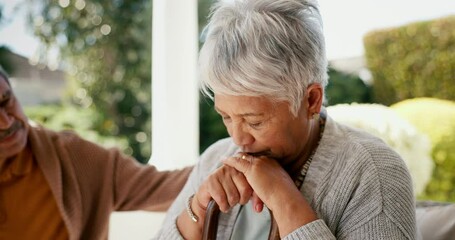 Sticker - Senior couple, sad and grief or loss in community or support in healthcare, outdoors or love. Old people, pain and depression or embrace for comfort or helping hand, marriage or empathy for anxiety