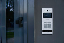 Video Entrance Doorbell In The Entry Of A Modern House, Technology And Security Concept.