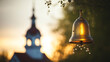 A church bell tower against a twilight sky with enchanting bokeh lights, spiritual practices of Christians, bokeh