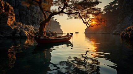 Poster -  a boat is sitting in the water near a tree and a rock cliff.  generative ai