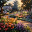 Digital painting of a path in a park with flowers in the foreground