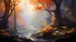 Beautiful autumn landscape with river, trees and fog. Digital painting
