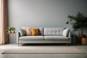 Bright light grey couch near color solid wall. Generative AI.