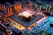 Futuristic computer microchip on motherboard. Generative AI