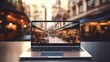Laptop on blurred city background created with Generative AI