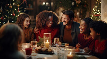 Happy multi-ethnic friends having christmas dinner at home