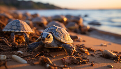 Wall Mural - Turtle crawling on the sandy coastline, enjoying the tropical sunset generated by AI