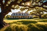 A sprawling ranch-style house, flanked by a magnificent oak tree that has stood the test of time - AI Generative