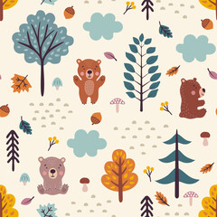 Wall Mural - Seamless pattern. Autumn forest with hand drawn bears, trees, leaves, mushrooms and berries. Vector illustration.