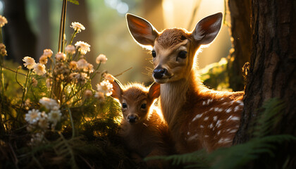 Wall Mural - Cute deer family grazing in meadow, enjoying the summer sunset generated by AI