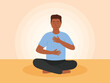 © Grace - Breathing exercise flat vector illustration. Man sitting in a meditation pose practicing breath work. Deep breathing and diaphragmatic breathing practice.