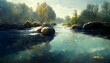 underwater bottom of fast flowing river reflective specular highlights crystal clean feeling photorealism hyper detail 
