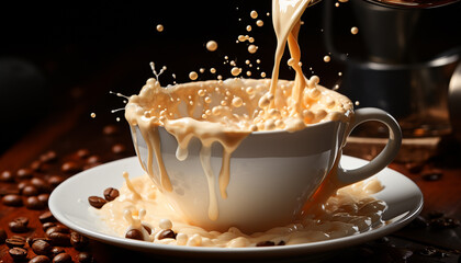 Sticker - A steaming cup of gourmet coffee, pouring with frothy cream generated by AI