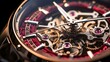 close up of a luxerious mechanical watch with a red metalic strip