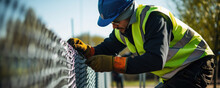Worker Fastening Or Repair Metal Mesh Fence With Hands.