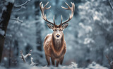 Fototapeta Zwierzęta - Noble deer male in winter snow forest. Artistic winter christmas landscape.