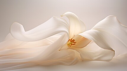 Delicate white lily on a white piece of fabric.