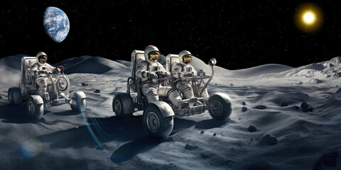 Wall Mural - two teams of astronauts in buggies exploring the lunar landscape, with a vivid backdrop of stars and