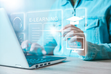 Fototapete - Concept of Online education. man use Online education training and e-learning webinar on internet for personal development and professional qualifications. Digital courses to develop new skills..